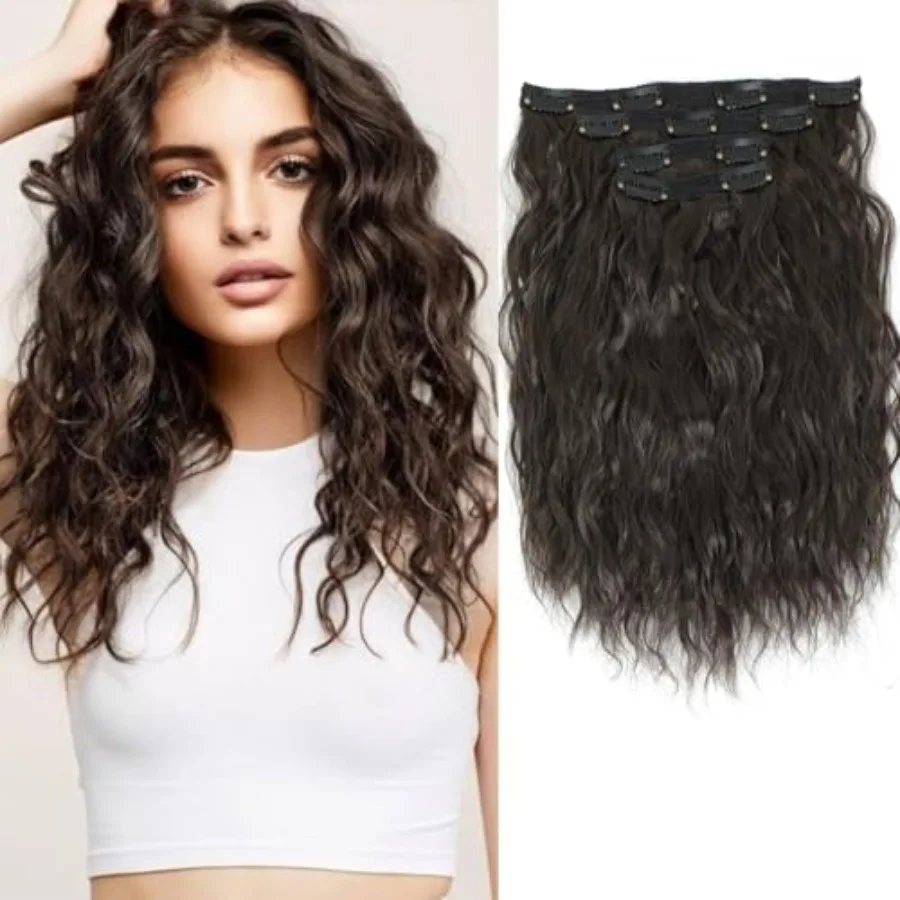 

Wavy clip in hair extensions dark brown hairpieces 12 inch synthetic clip in hair weft 4pcs for women
