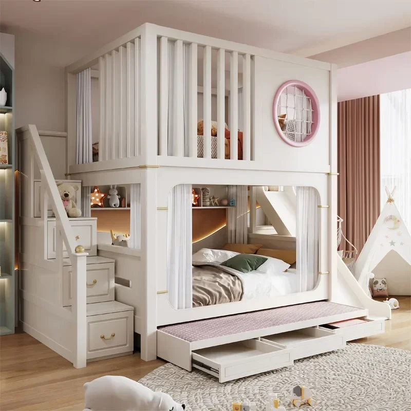 Modern Luxury Kids Bunk Bed - Twin Over Twin High Guardrail - Storage Drawers for Boys & Girls