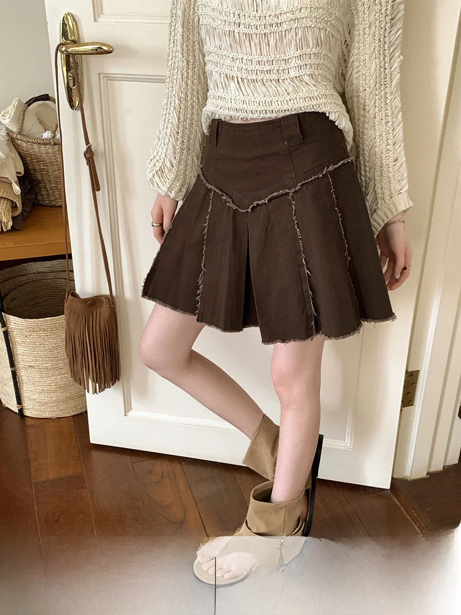 

Linyunyun Coffee Color Pleated A-Line Skirt Retro Spliced High Waist Casual Cotton Short Skirt for Young Women