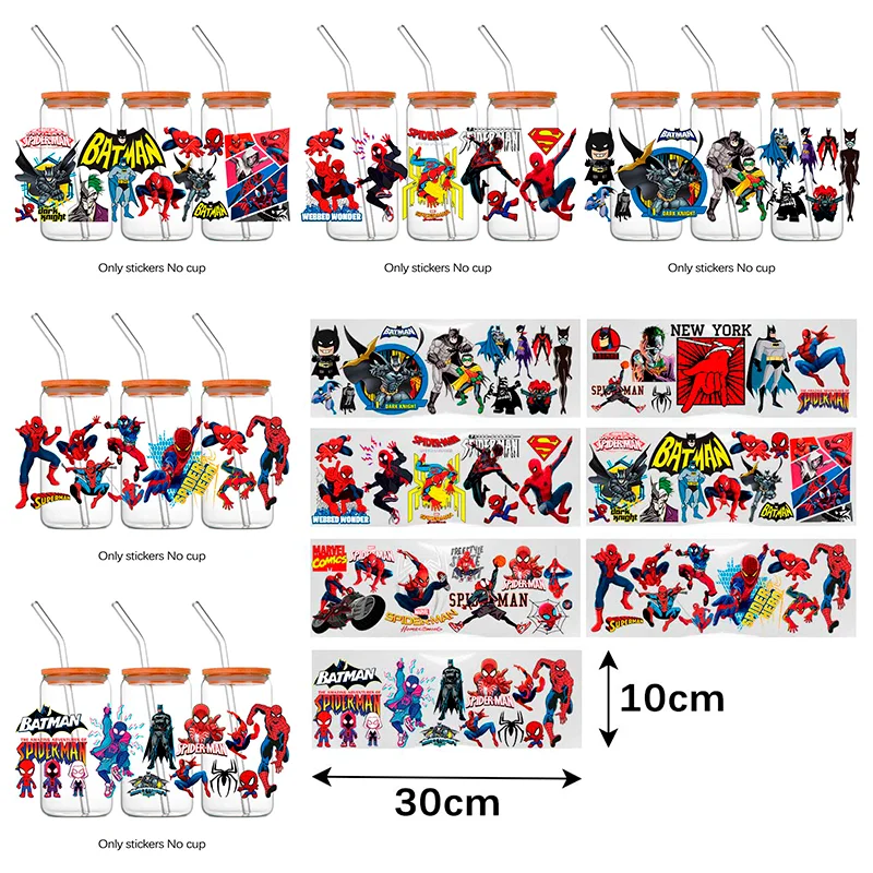 마블 시리즈 스파이더맨 16온스 DTF 컵 스티커, 멋진 맞춤형 UV 전사 스티커, 아이언맨 방수 스티커