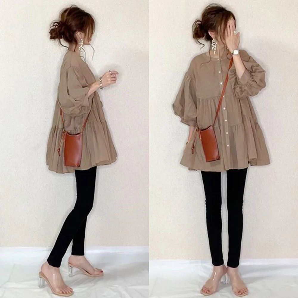 (6 색) 루즈한 슬리밍 및 배 커버 5부 소매 중간 길이 슬리밍 솔리드 컬러 셔츠 탑