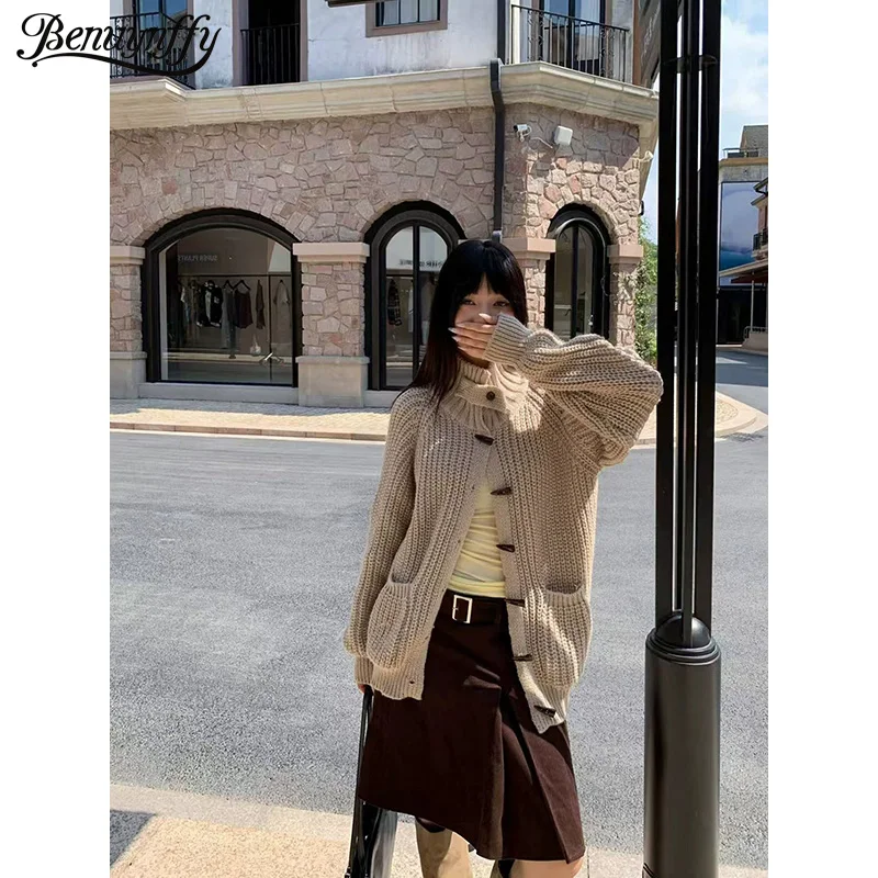 

Benuynffy 2025 Autumn Winter High Neck Horn Button Knitted Cardigan For Women Pockets Casual Long Sleeve Warm Sweater Coat