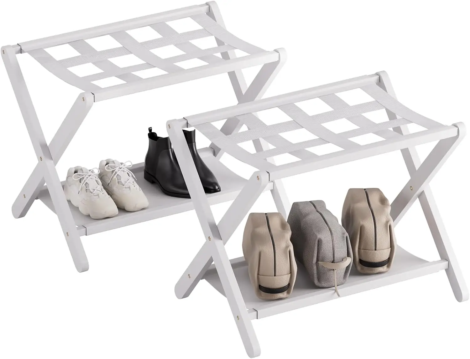 

Folding Bamboo Luggage Rack Set of 2 with Storage Shelf and Nylon Straps for Guest Room, Bedroom, Hotel