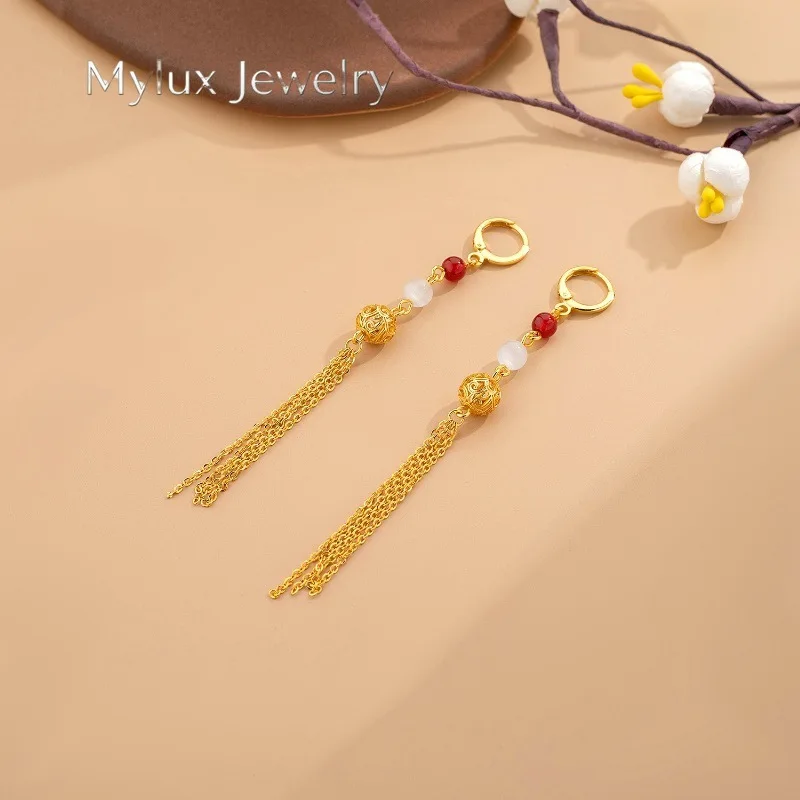 Mylux Jewelry Light luxury 24K real gold hydrangea two-color pearl ear buckle female fashion hollow-out tassel earrings to his g