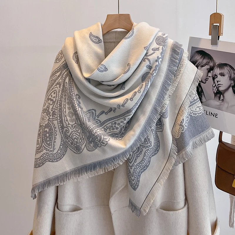 Neue Damenmode Faux Kaschmir Winter Pashmina Vintage Print Quasten Dicke Warme Zweiseitige Schal Outdoor Schals Wraps Foulard – Detail 11