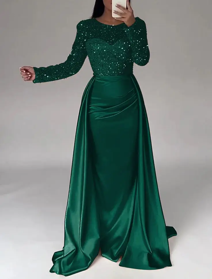 Full Sleeves Evening Dresses Beaded Long Sweep Train O Neckline Formal Party Special Occasion Women Prom Gowns