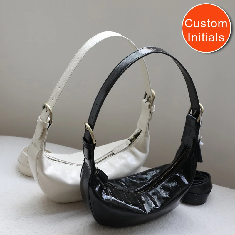 

Custom Initials Genuine Leather Half Moon Bags For Women Luxury Designer Handbags Purses 2025 New In Cowhide Wide Strap Shoulder