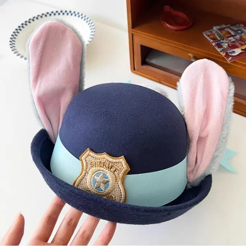 

Disney Zootopia Judy Police Bowler Hat 3D Rabbit Ear Cap Anime Cosplay Costume Accessory Headwear Girl Headgear Hairpin Beanie