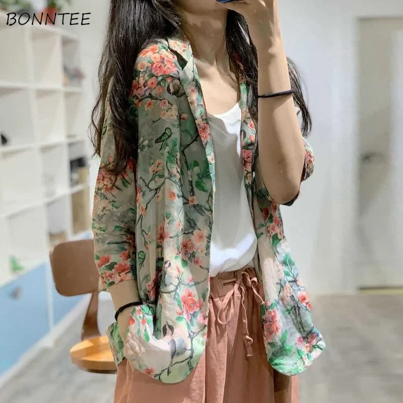 Blazers Women Print Single Button Notched Loose Elegant Stylish Casual All-match Summer Breathable Thin Cool Fashion Daily New