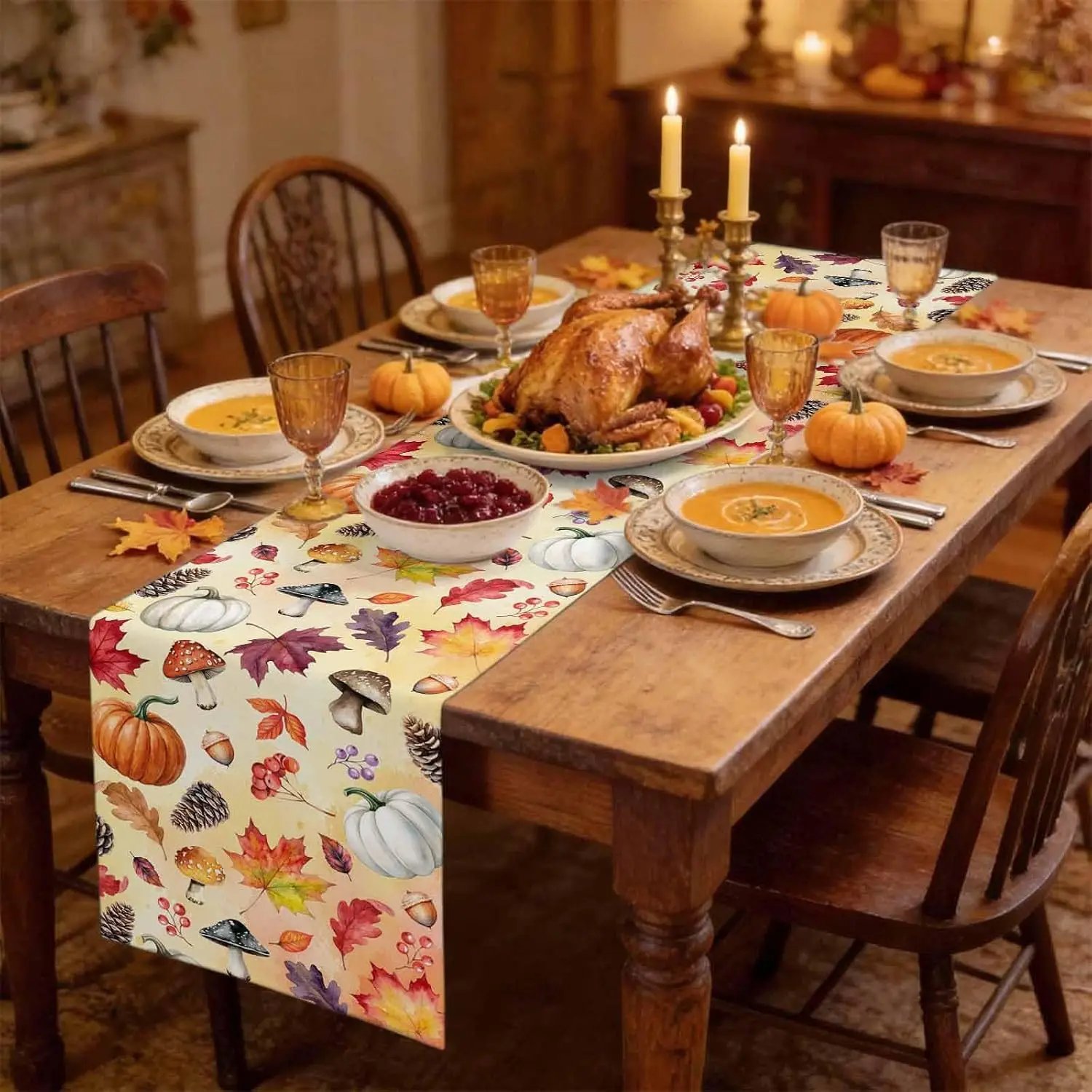 Fall Thanksgiving Pumpkins Maple Leaf Linen Table Runner Home Decor Washable Mushroom Pinecone Berry Table Runners Autumn Decor