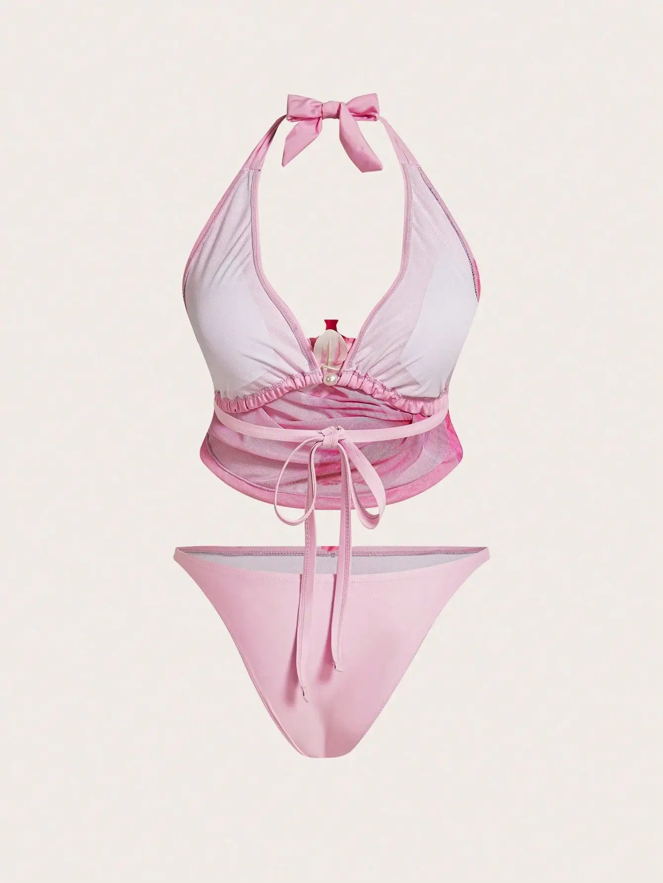 

Женский комплект из 3 предметов: прозрачный розовый топ-халтер с драпировкой и трусики-стринги в тон.