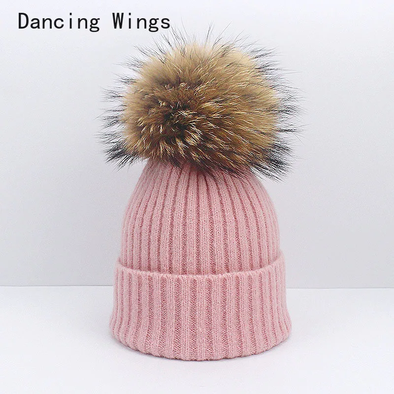 

Natural Raccoon Fur Pompom Hat Thick Winter for Women Cap Beanie Hats Knitted Wool Caps Female Skullies Beanies