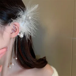 White Feather Pearl Tassel Earrings Female Non-pierced Earrings Ear Bone Clips Ear Clips Trendy Elf Earrings Aesthetic Earrings