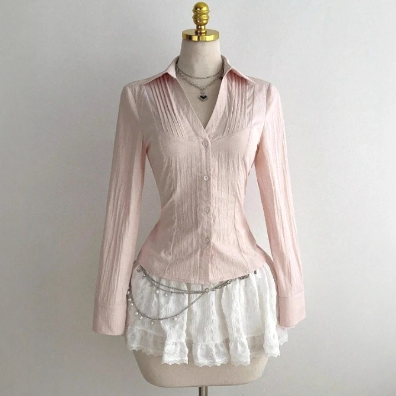 

Blouses Women Shirt Turn Down Collar Full Sleeve Tops Solid Slim Fit Y2k Streetwear Elegant Splice Work Shirts 2026 Spring