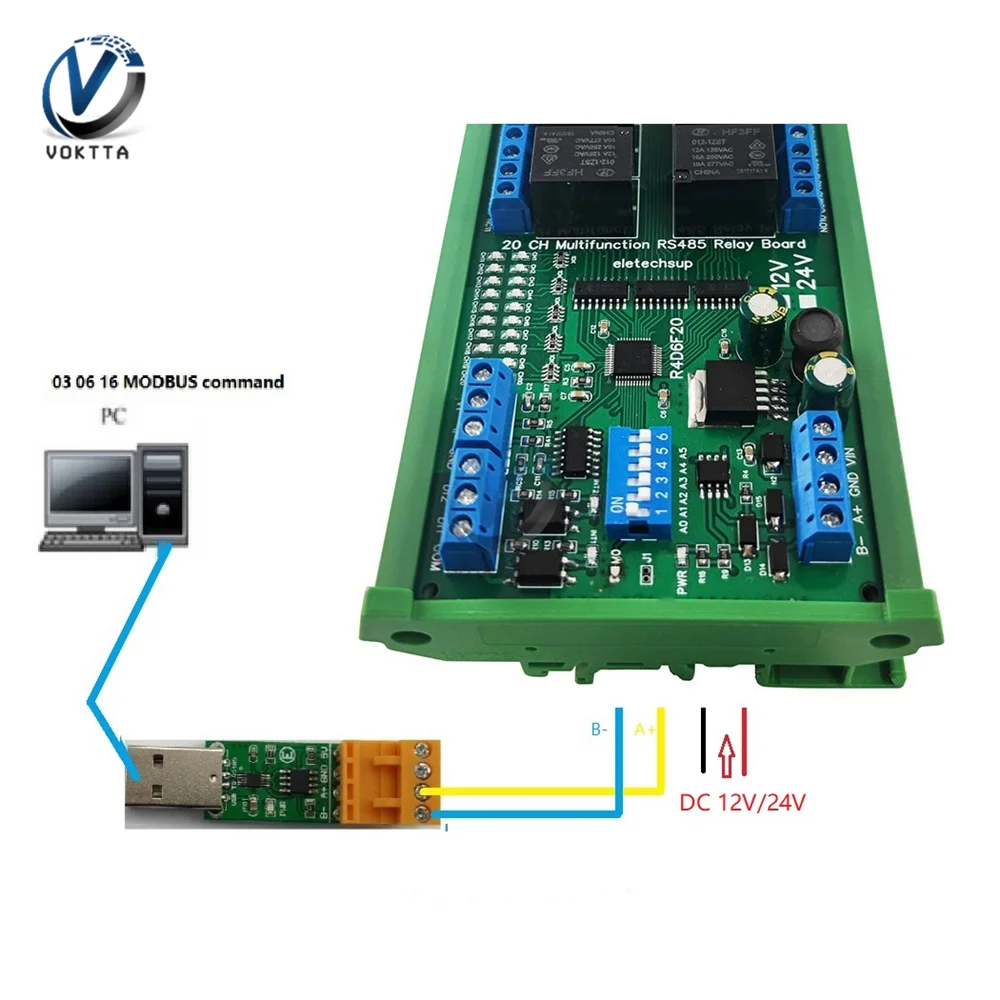 20-way RS485 Switch Digital Analog Switch  IO Module Modbus RTU PLC UART Expanding Board 4-20MA Current 0-10V Relay Module