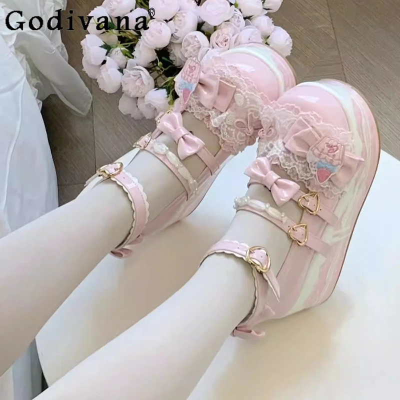 

Original Lolita Cos Platform Shoes Girl's Women's Bow Lace Sweet Elegant Pink High Heels Birthday Party Lolita Mary Jane Shoes