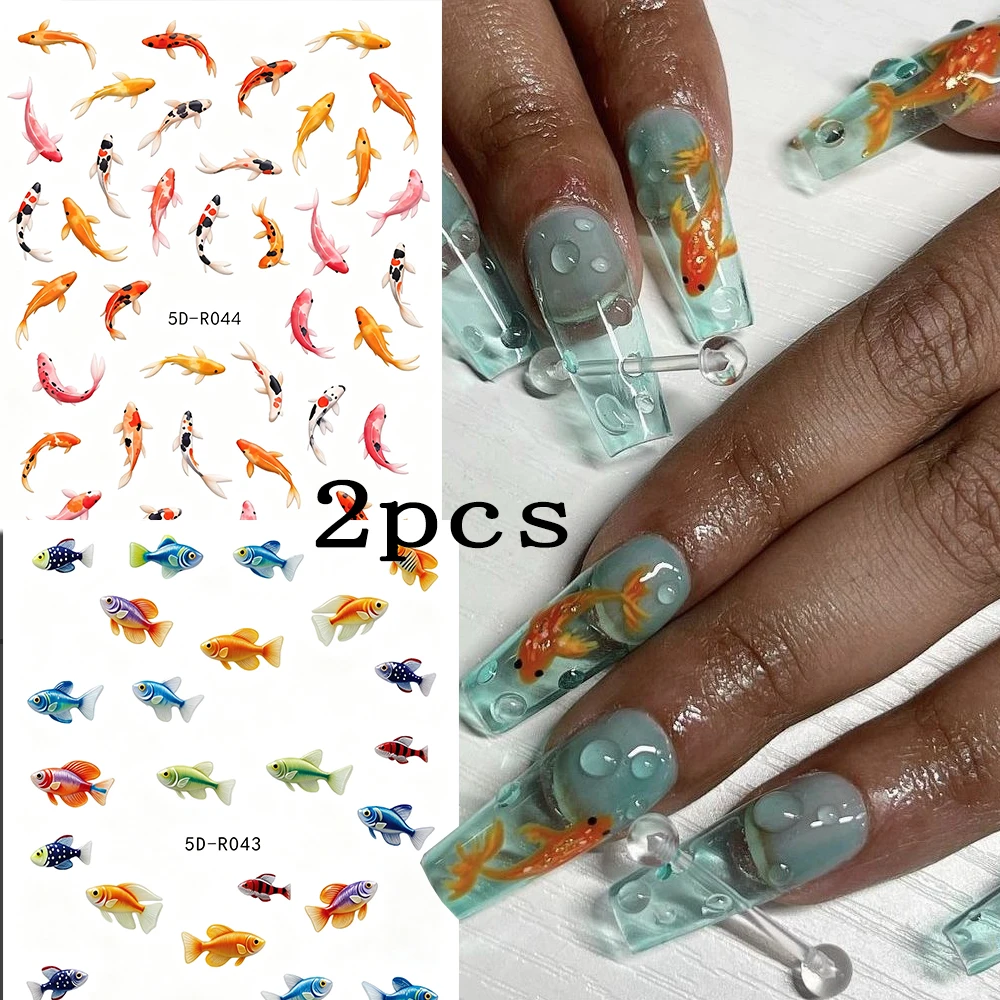 Aquarium Fish Koi - 2 autocollants 5D pour ongles, motifs