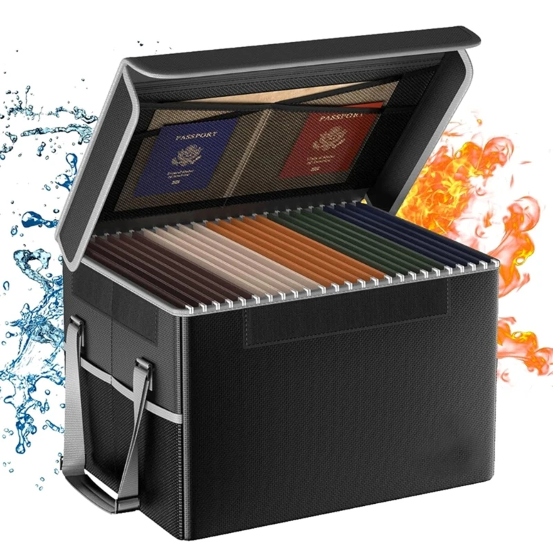 Foldable Fireproof File Organiser Box with Lock, Fireproof Document File Folder Organiser Filing Box with Handle