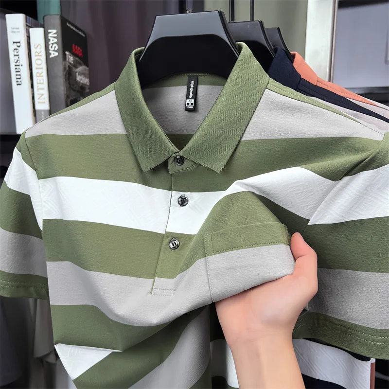High quality pocket men's short sleeve polo shirt fashion striped color blocked luxury summer new item casual breathable T-shirt