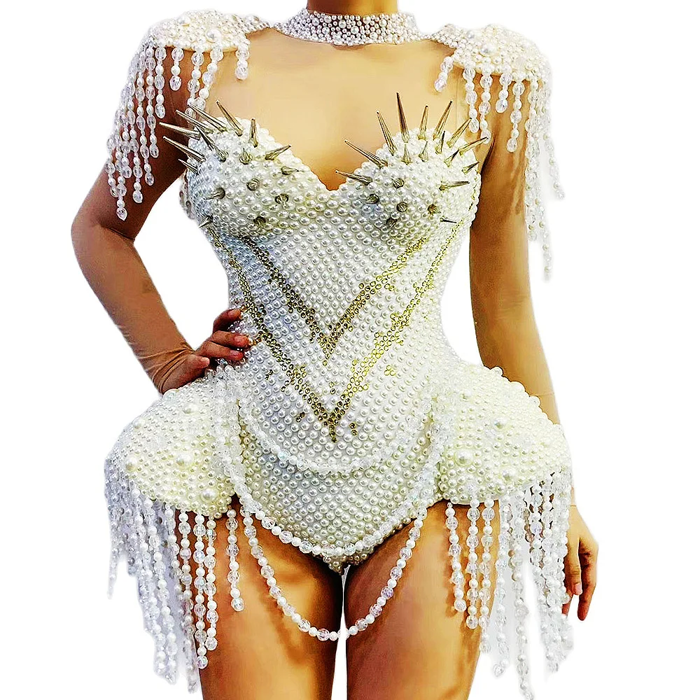 Perspective Halter White Pearls Beading Rivet Backless Sexy Bodysuits For Women Stage Singer Perform Cloth Party Nightclub Wear