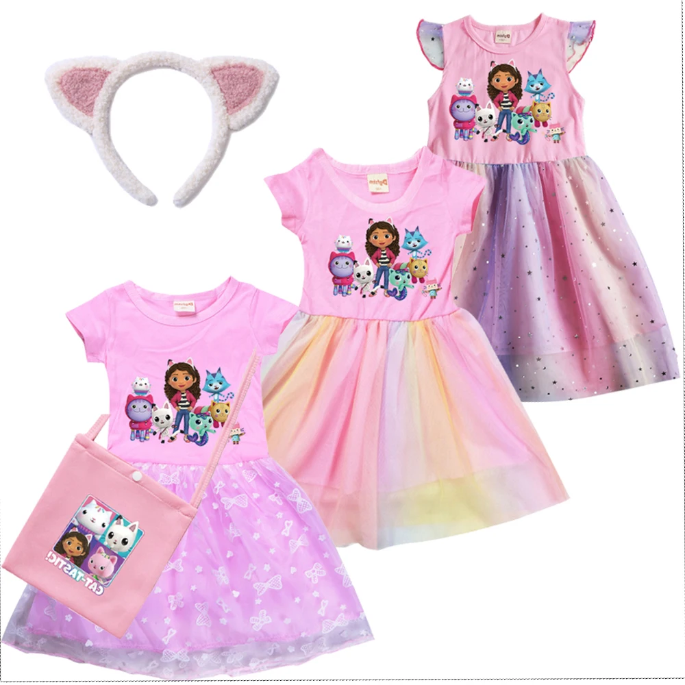 2024 Girls Summer Dresses Gabbys Dollhouse Girls Cat Tastic Costumes Kawaii Kids Birthday Party Princess Dress with Headwear Bag