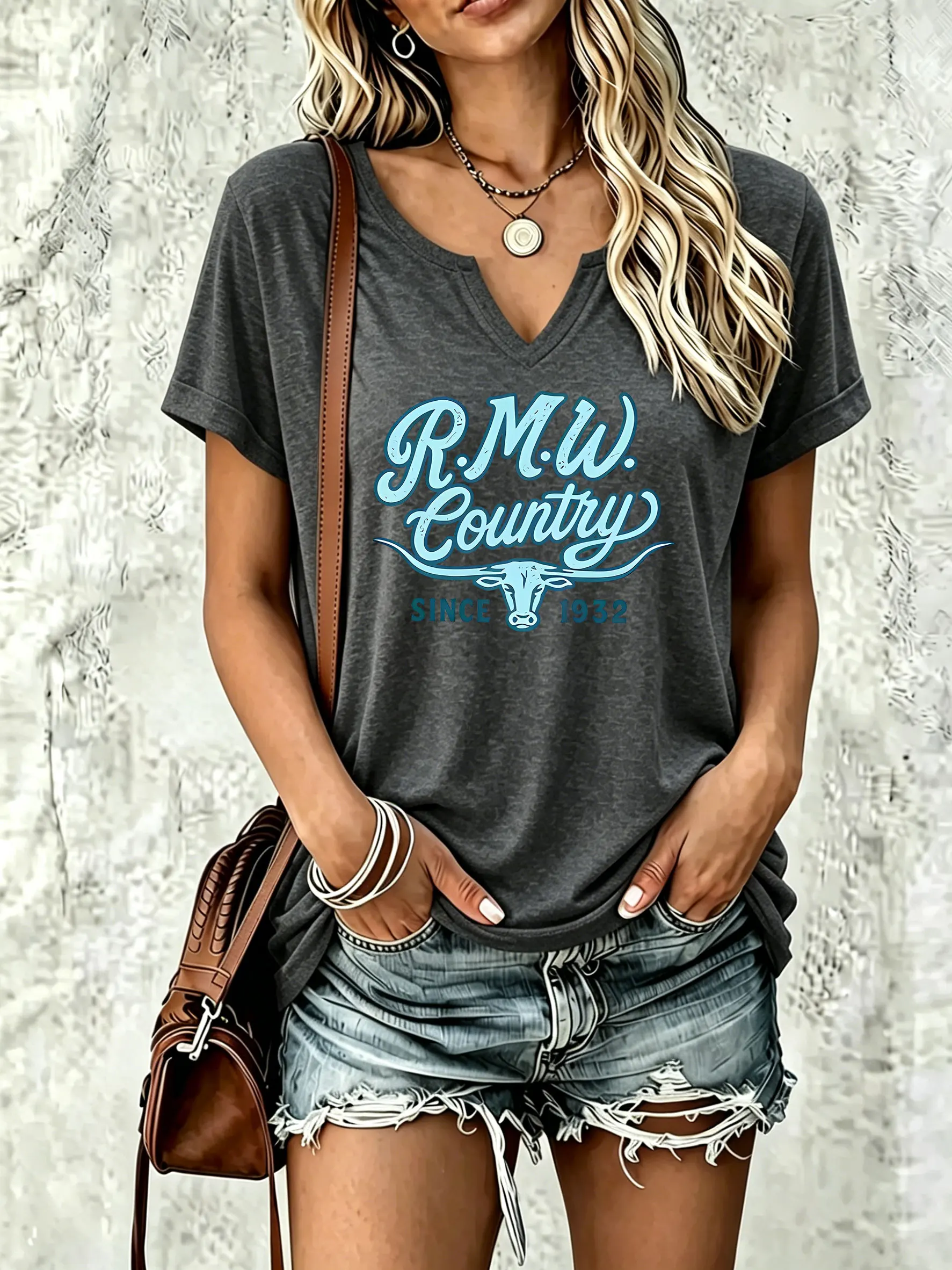 Women V Neck Short Sleeve T-Shirt, Tee with Longhorn Bull Head, R.M.W. Country and SINCE 1932 Graphic Print, Western Casual Top