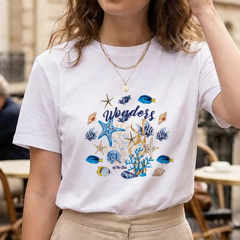Women's Letter T Shirt with Seashell Ocean Animal Pattern Print 90s Short Sleeve T-Shirt Casual Korean Style Tees Tops Female