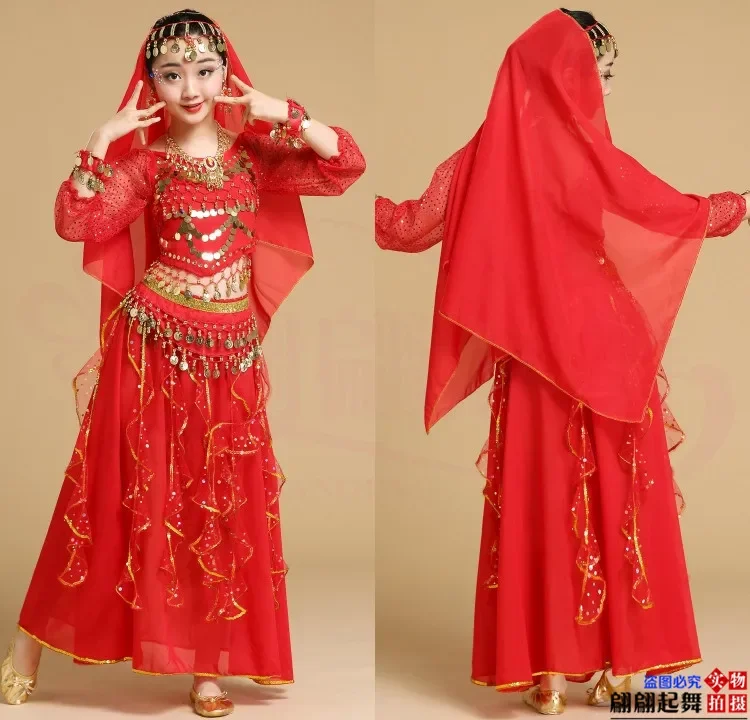 Performance Costume Xinjiang Dance Performance Costume Girl\'s Belly Sleeved Indian Dance Costume Children\'s Ethnic Dance Costume