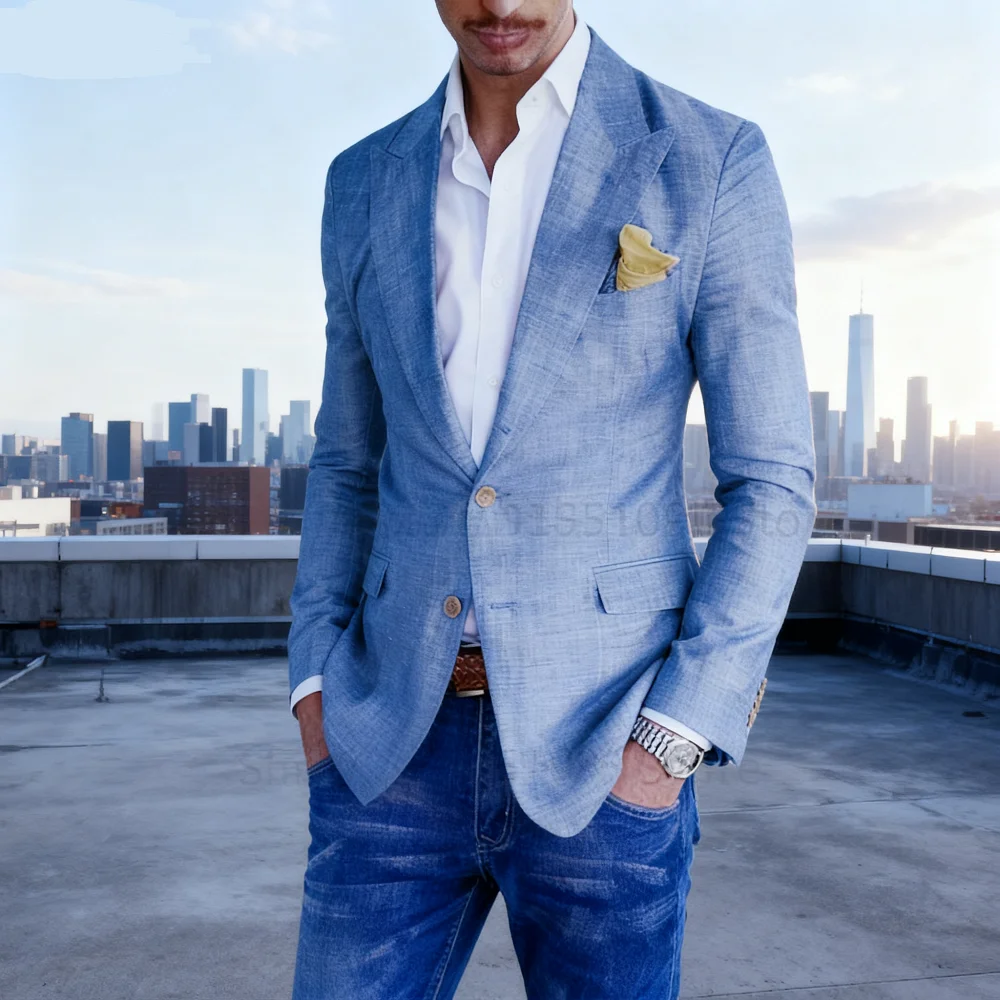 

Men's Beige_Azure Celeste Linen Ternos Slim Fit Summer Beach Wedding Smoking Jacket Casual Lapel Blazer for All Seasons