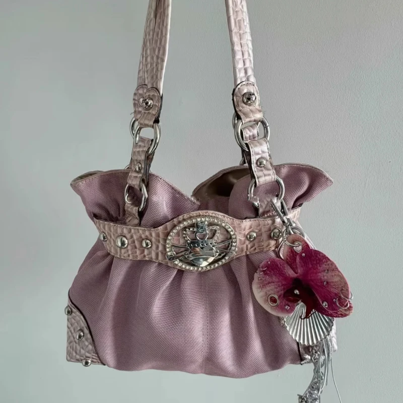 Retro Y2k Rivet Underarm Bag Women Brand Belt Buckle Shoulder Handbag Large Capacity Casual Commuter Tote Canvas Storage Bag image 3