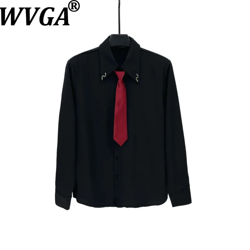 WVGA Spring Autumn New Man Tie Trendy Long Sleeve Shirt Niche Chic Casual Draped Shoulder Padded Turn-Down Collar Top Ins W14018