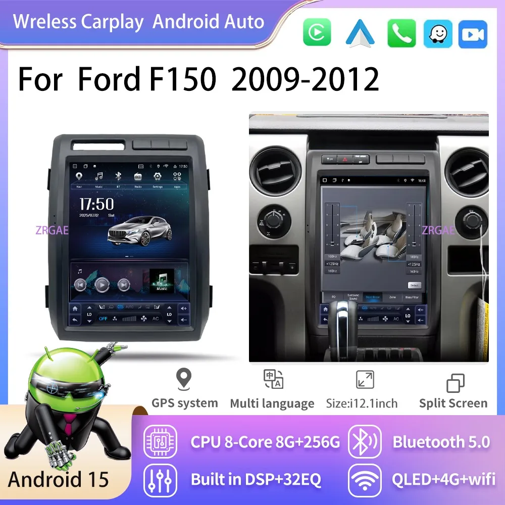 12.1”Android 15 For Ford F150 2009-2012 Tesla Style Car GPS Navigation Multimedia Player Radio Wireless Carplay Stereo HD Scree
