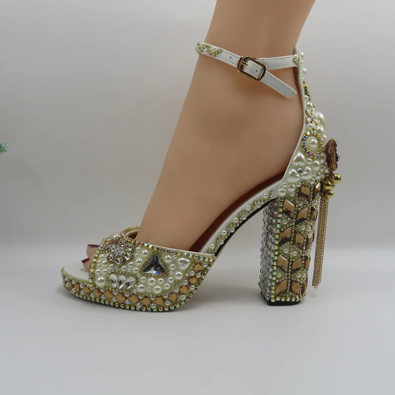 

new luxury Beige pearl crystal wedding shoe and bag female thick heel high heel sandals ladies party Fish Fish mouth bag