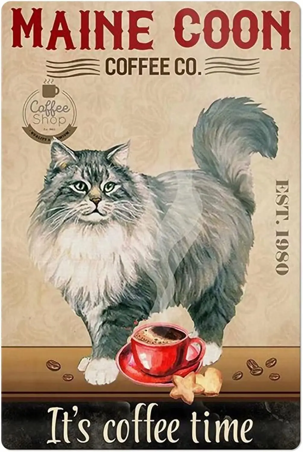 Vintage-Blechschilder mit Katze und Kaffee, Maine Coon Co., Retro-Metallschild, Heimdekoration, rustikales Aluminium-Wandkunst-Poster, 8 x 6 Zoll
