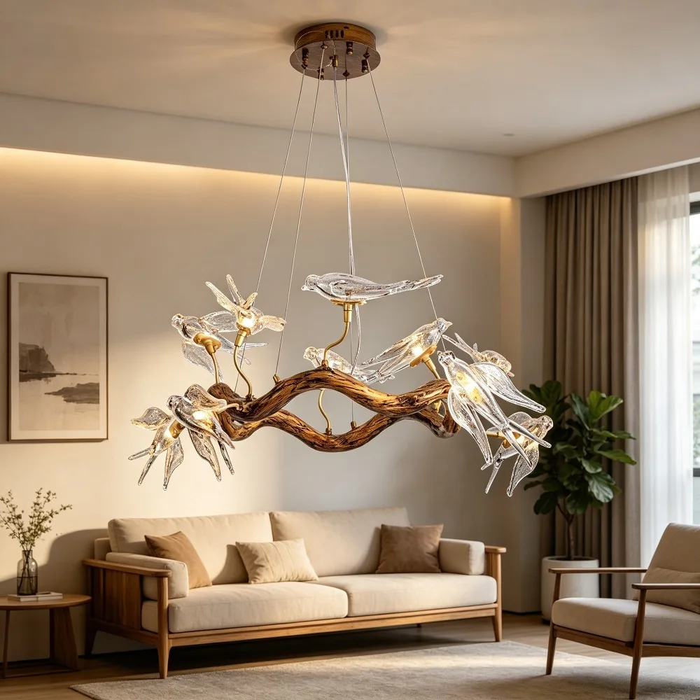 Vintage Round Glass Bird Ceiling Chandelier Swallow Long Dining Table Living Room Luxury Branch