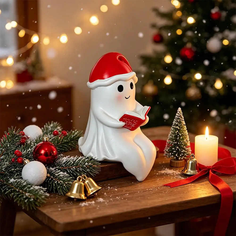 Christmas Ghost Reading Book Figurine LED Night Light With Santa Hat Resin Statue Warm Glow Lamp Holiday Home Table Decor