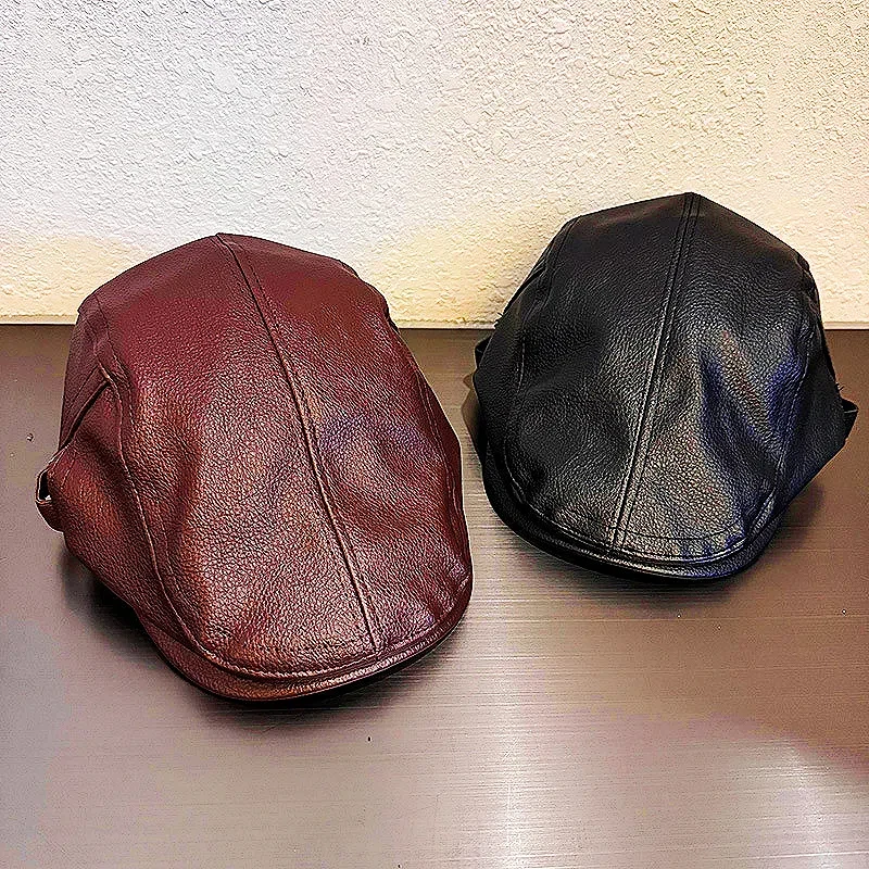 

Pu leather beret women's retro black face showing small backwards wear a reportage hat