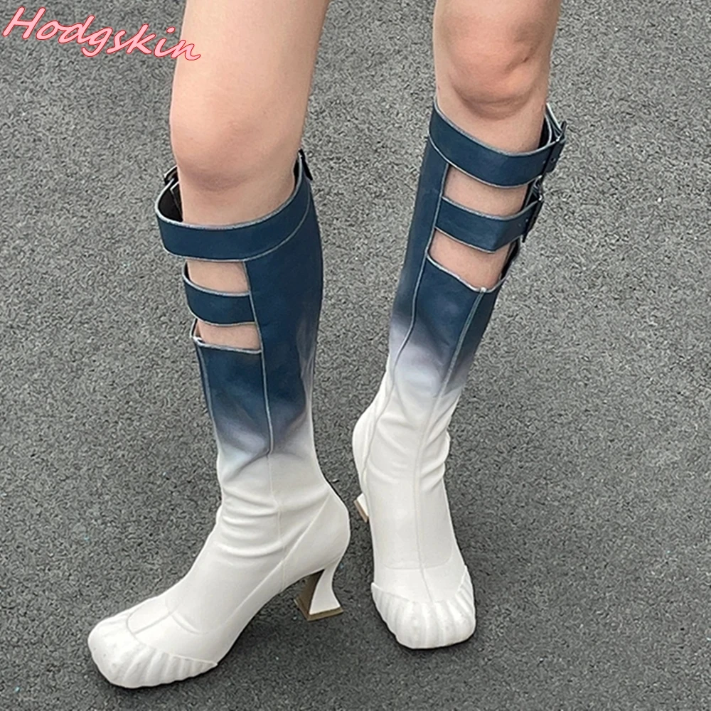 

Gradient Color Hollow Knee High Women Boots Round Toe Zipper Square Buckle Strange Heels Boots 2024 New Novelty Fashion Boots