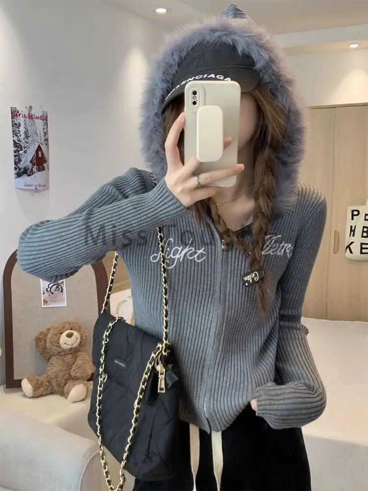 Winter Casual Vintage Long Sleeve Zipper Tops Women Fashion Retro Solid Embroidery Knit Cardigan Chic Patchwork Hooded Sweater