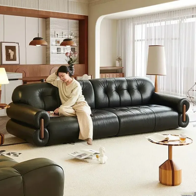 Medieval brown sugar cloud cherry wood leather sofa straight row living room light luxury first layer cowhide Italian style