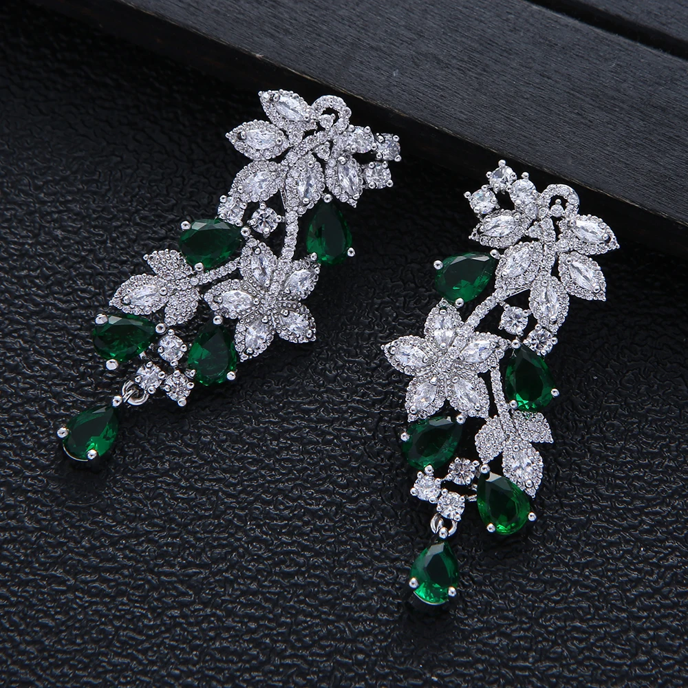 

Luxury Mismatch Flower Trendy Green Cubic Zirconia American Wedding Party Earring Jewelry For Women E5481