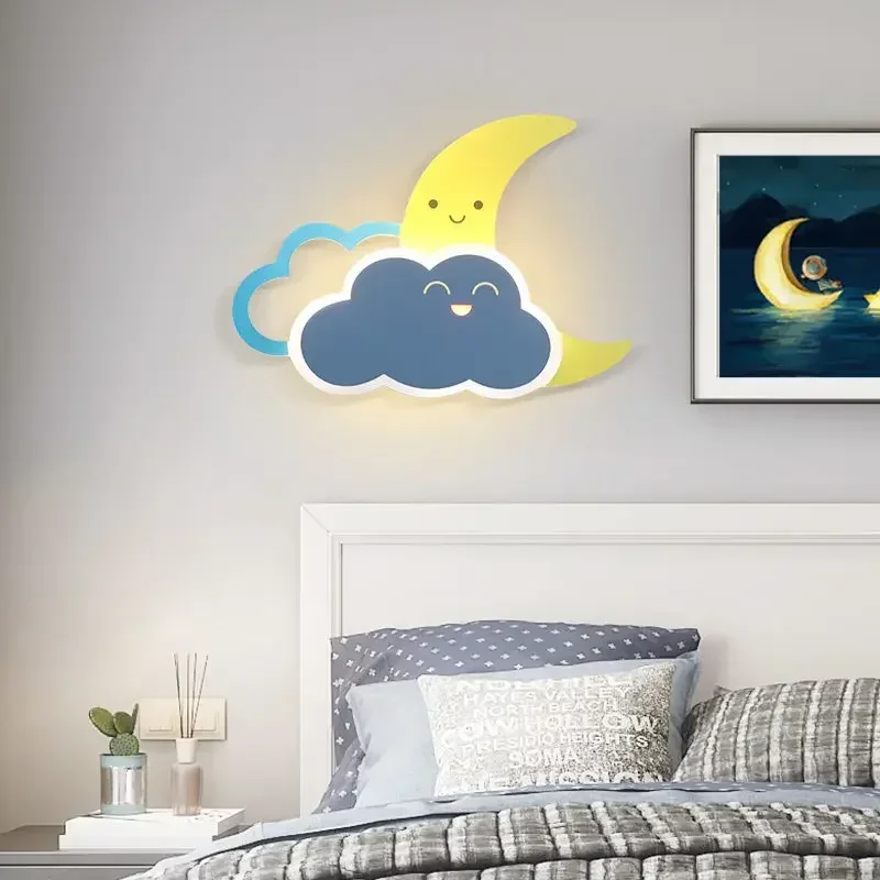 Cartoon Moon Cloud Acrylic Metal Abs Led Wall Lamp Kids Bedroom Bedside Sleeping Night Lights Aisle Study Sofa Home Decoration