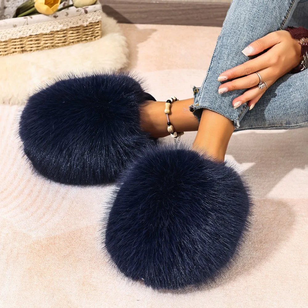 Winterfellige Damen-Hausschuhe, bequeme Flip-Flops, flache Pantoffeln, Indoor-Schlafzimmer-Plüschschuhe für Damen – Detail 19