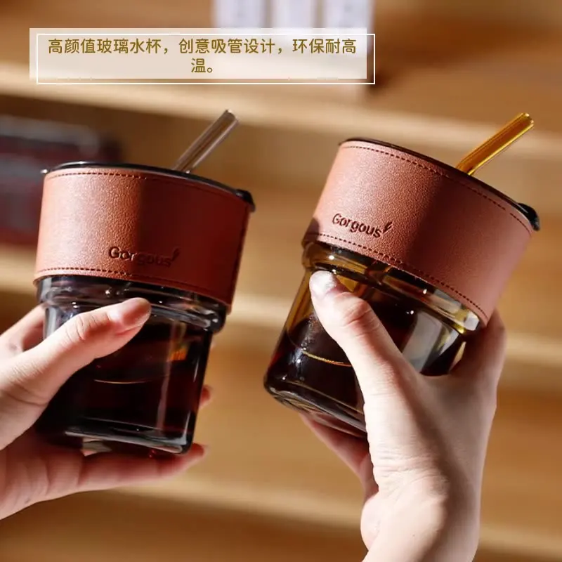 Bamboo cup style straw coffee cup store anniversary advertising gift glass water cup printing