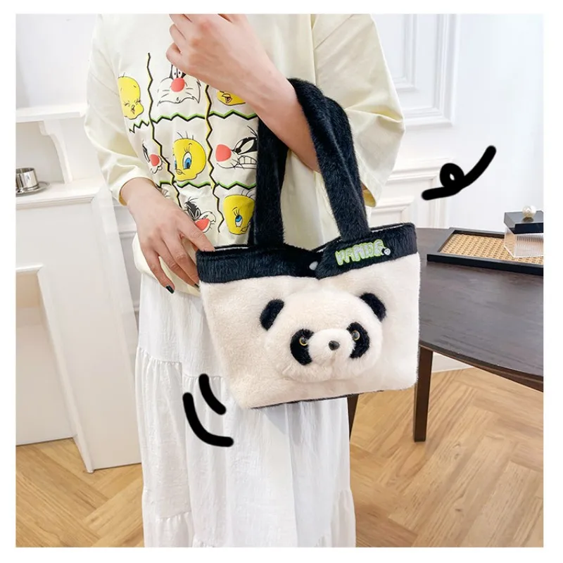 New Cute Panda Handbag For Women Autumn Winter Plush Totes Bag Kawaii 3D Panda Head Shoulder Bag Commuting Shopping Bag