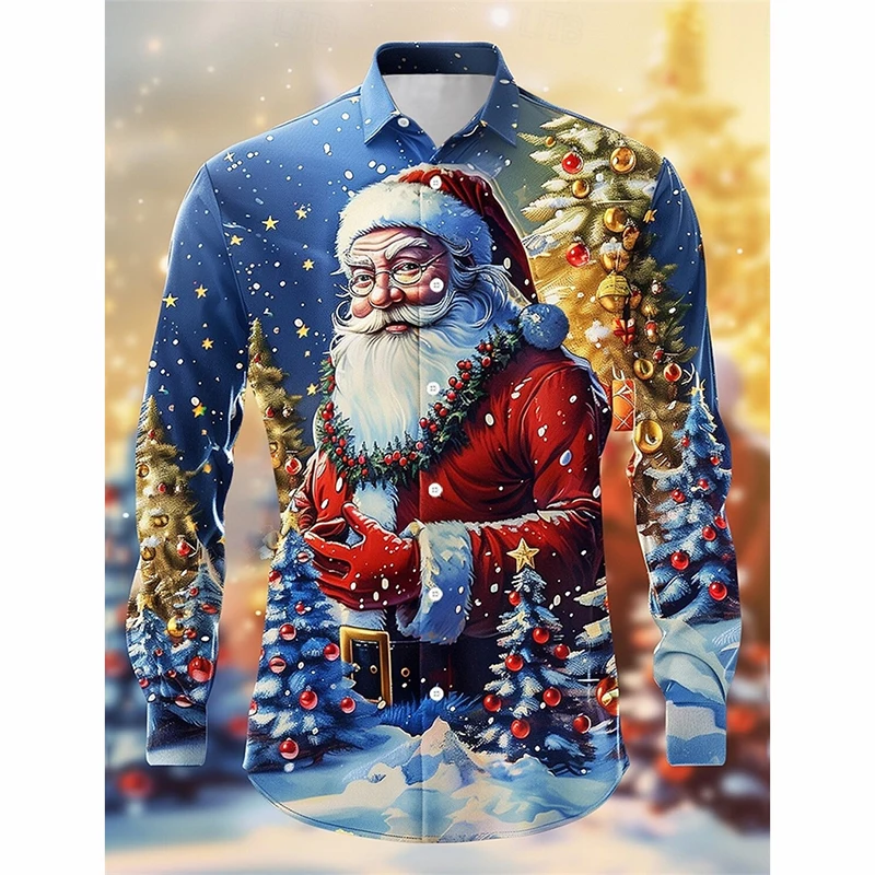 

Снежный человек с принтом сцены, рождественская рубашка на пуговицах, мужская одежда, рубашки с длинными рукавами с рисунком Санта-Клауса, рождественская модная праздничная рубашка