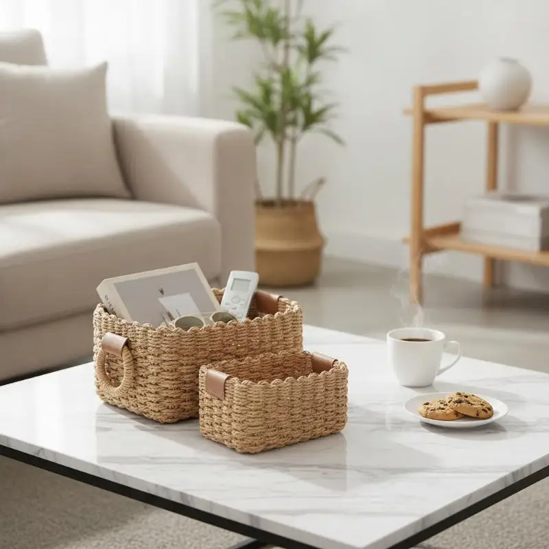 Paper Rope Storage Basket with Handle Breathable Non-Toxic for Living Room Throw Pillow Organizing Home Decor Gift Basket