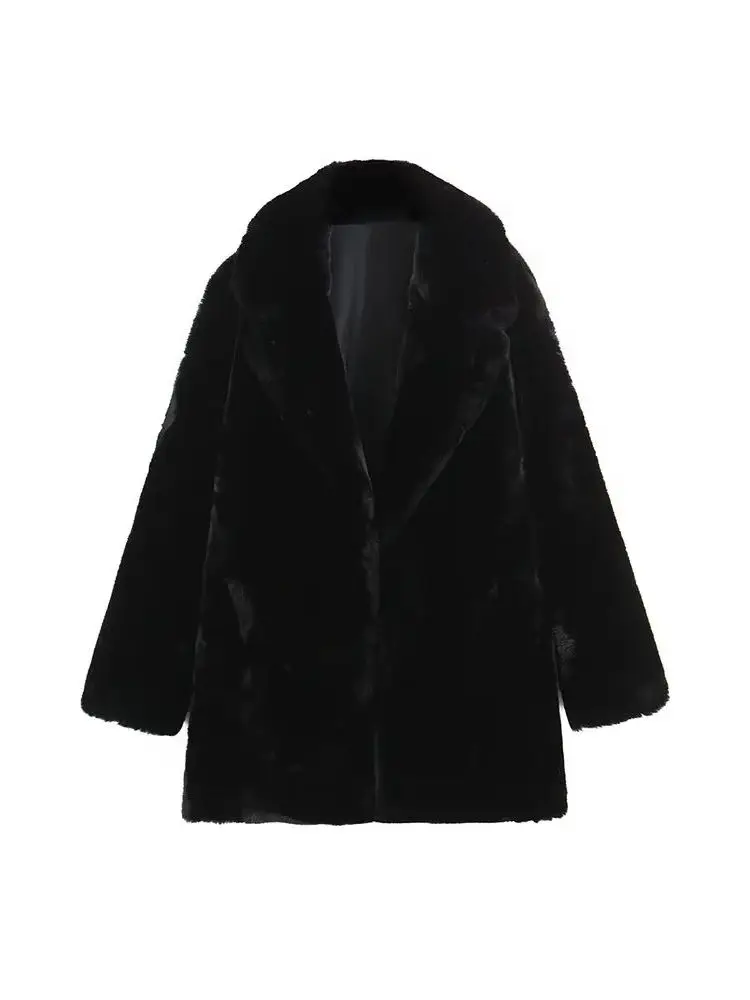 

HH Woman Winter Fashion Warm Jackets Turn-Down Collar Pockets Woman Long Sleeves Medium Length Artificial Fur Coats Trendy