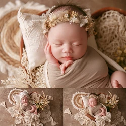 Newborn Photography Studio Shooting Props Hat Cotton Stretch Wrap Headflower Tassel Blanket Round Mat Artificial Flowers Props