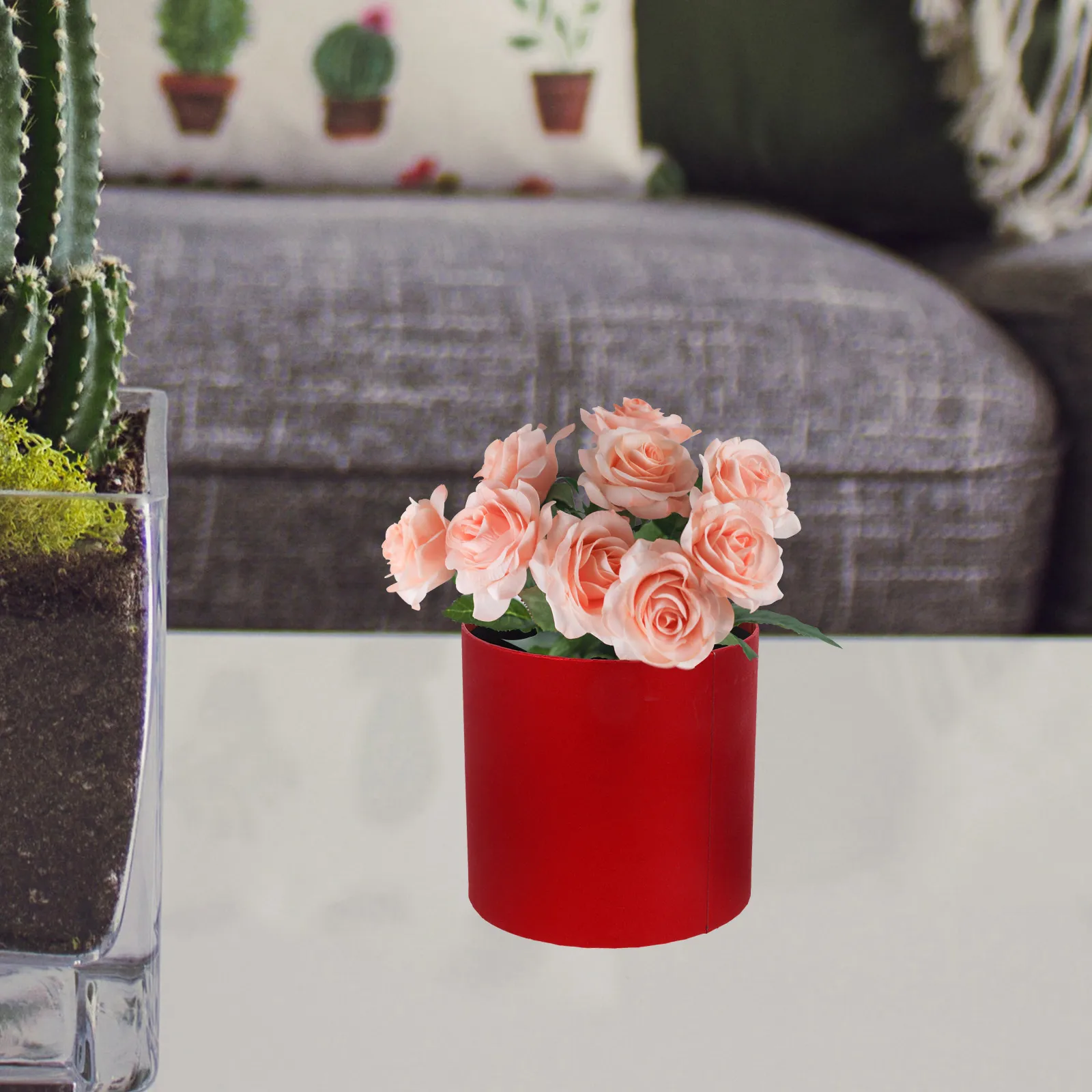 

Round Flower Box Red Mini H held Bouquet Container Decorative Home Office Gardening Use Not Fade Elegant Appearance